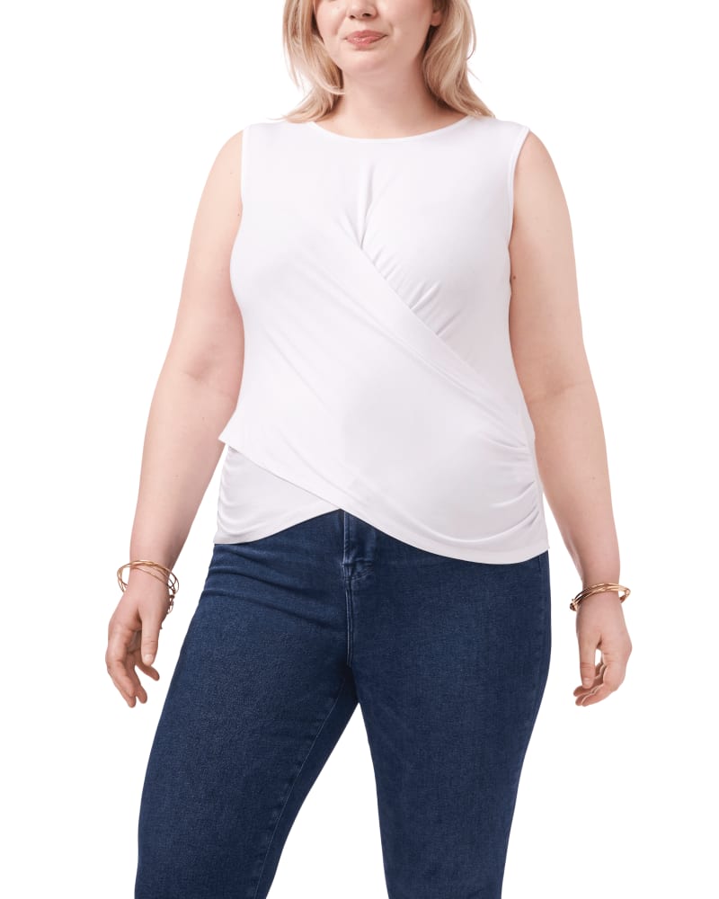 Front of a model wearing a size 1X Norah Faux-Wrap Sleeveless Top in ULTRA WHITE-145 by 1.State. | dia_product_style_image_id:262576